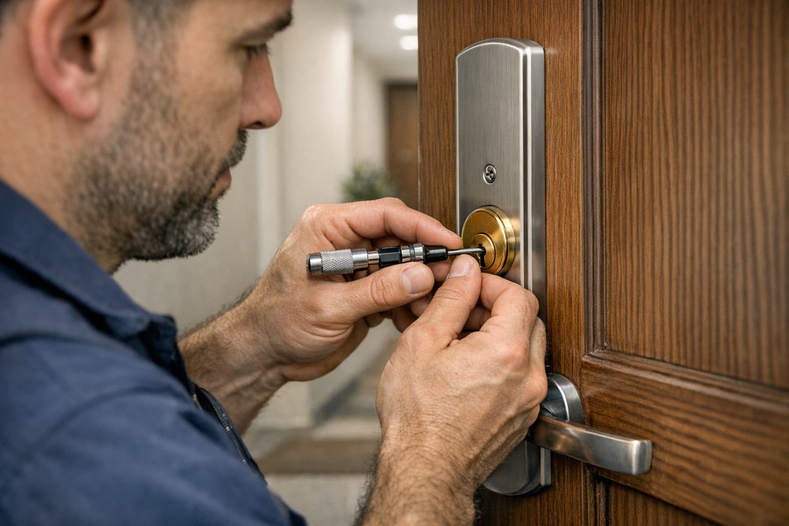Cerrajero realizando ajuste de cerradura en puerta
