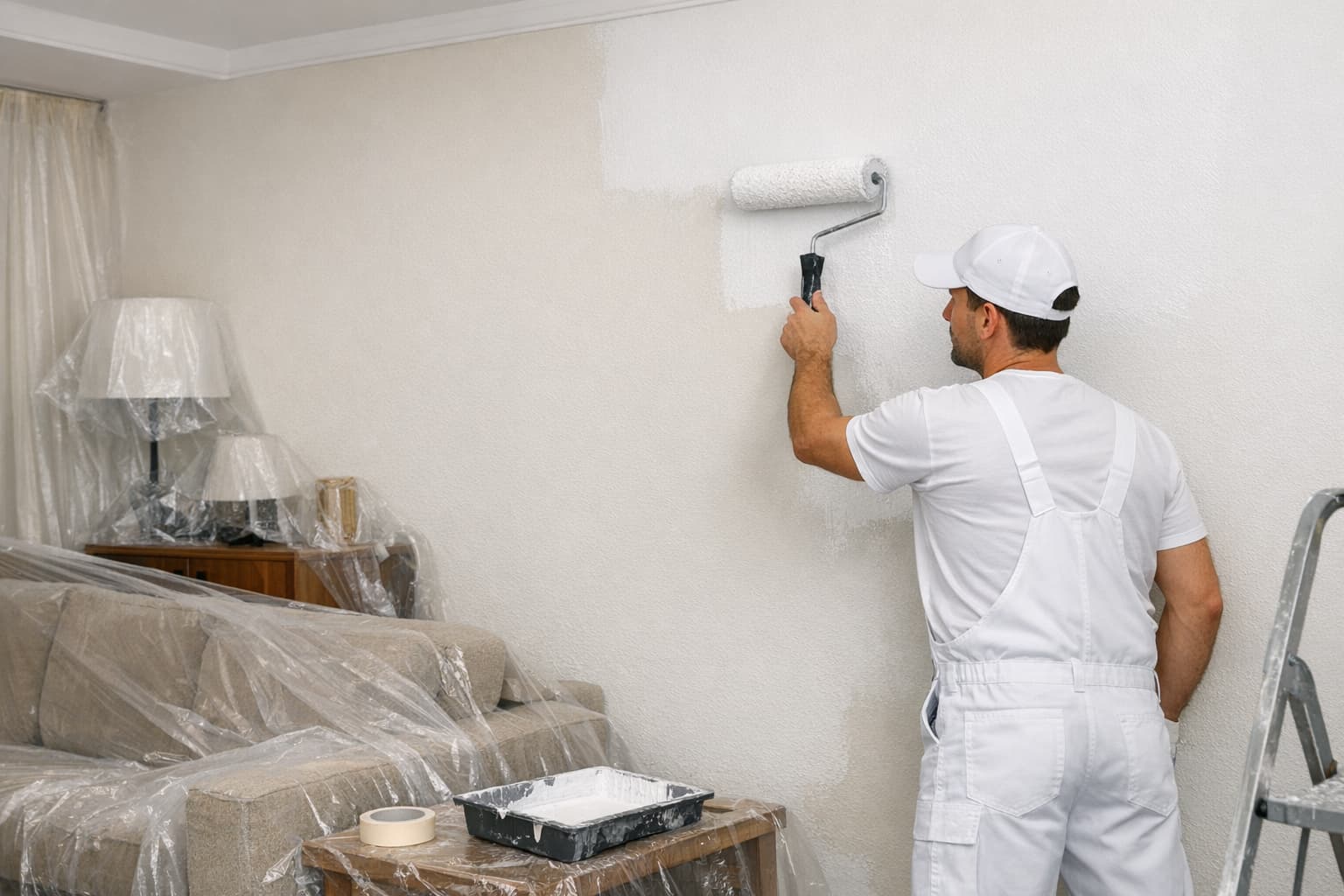 Pintor trabajando en pared interior de una vivienda